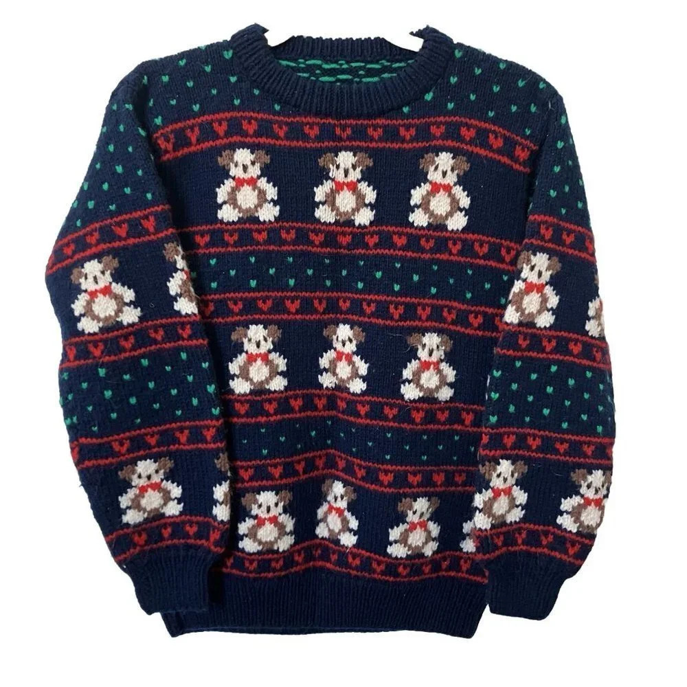 Vintage Handmade  Knit‎ Teddy Bear Stripe Navy Blue Sweater